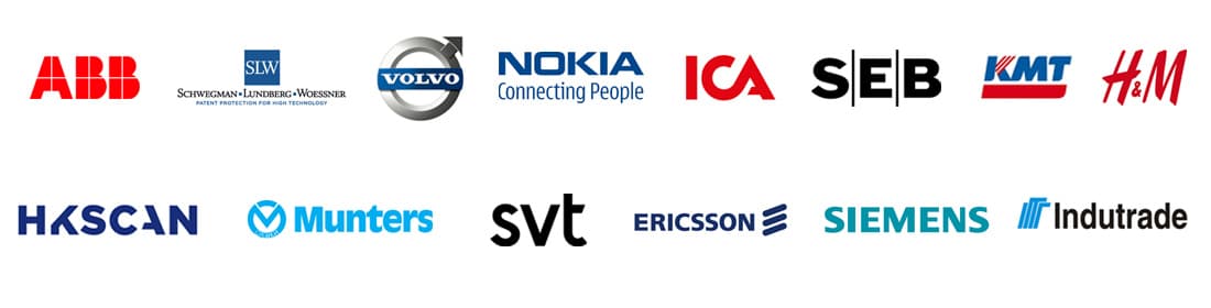 Companies KLINGBORG has supported: ABB, SLW, Volvo, Nokia, ICA, SEB, KMT, H&M, HKScan, Munters, SVT, Ericsson, Siemens, Indutrade